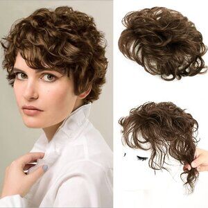 Human Hair Topper 9 Inches Auburn Brown Wavy Clip-in Wigs for Women